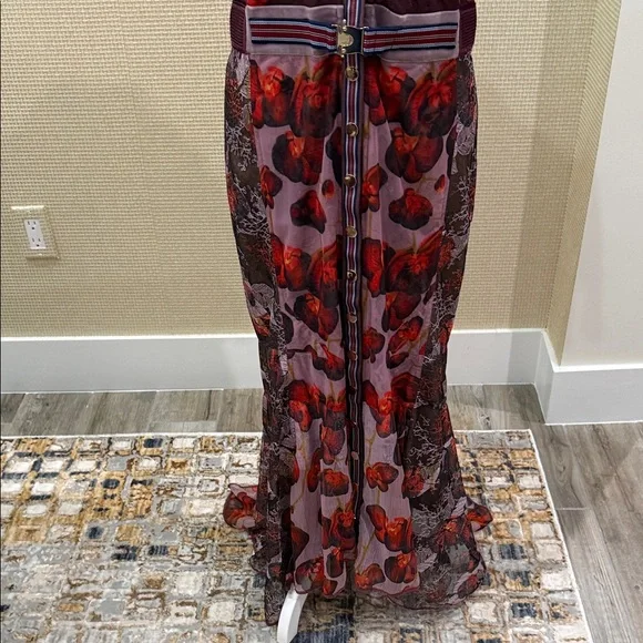 Byron Lars, Elegant,Unique Floral Sheer Maxi Dress, Red/Purple Accents, size 10 - Picture 3 of 15